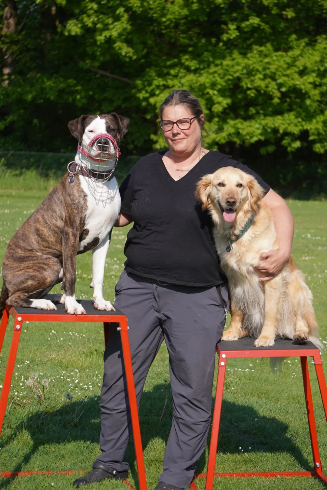 Rahel mit zwei Hunden auf dem Trainingsgelände